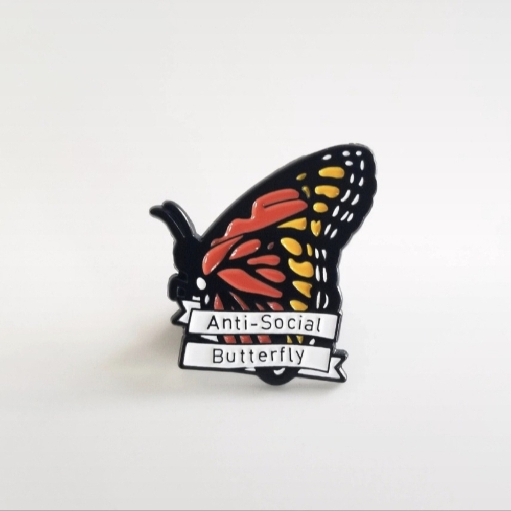 NEW Anti-Social Monarch Butterfly Black & Orange Enamel Pin - Picture 2 of 3